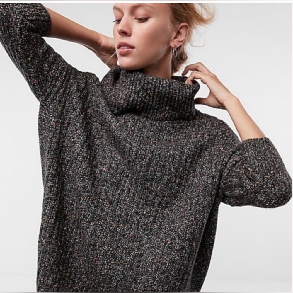 Express Circle Cowl Neck Black Holiday Speckle Round Hem Oversized Sweater | S